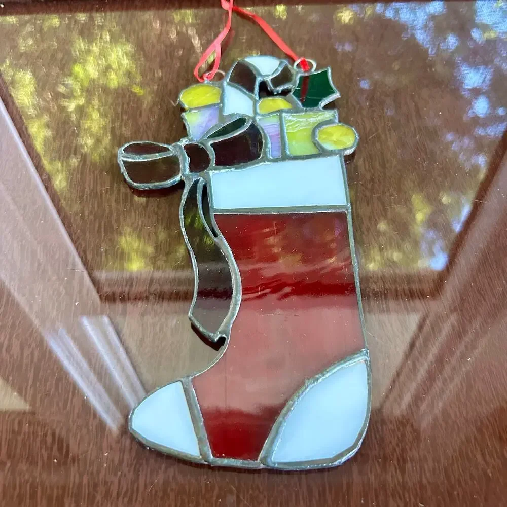 Vintage Stained Glass Christmas Stocking – 9” Iridescent Holiday Suncatcher